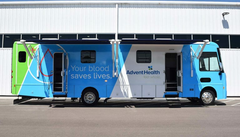 Exterior of a bloodmobile bus
