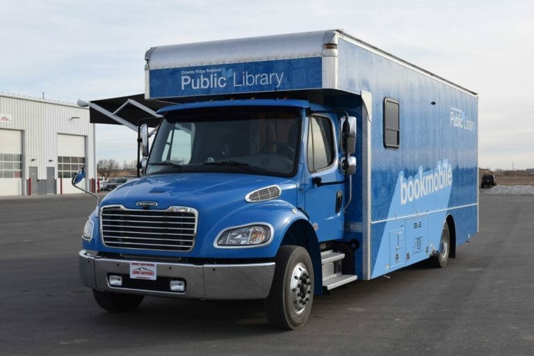 Exterior of a blue bookmobile vehicle